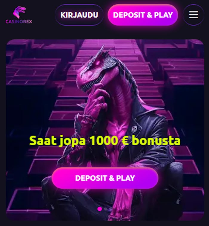 Casinorexin etusivu, jossa mainostetaan pay n playn mahdollisuutta.