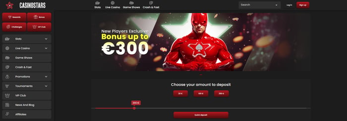 Supersankariteemainen Casinostars etusivu mainostaa jopa 300 € bonusta uusille pelaajille.