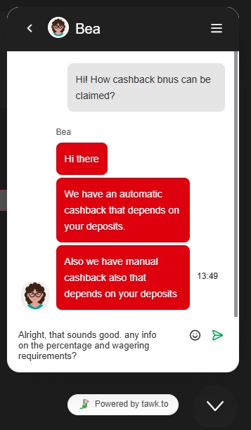 Casinostars live chat vastaa pelaajan kysymykseen käteispalautuksista.