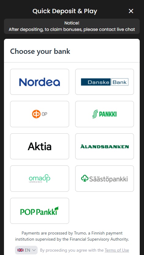 Casinostars Log In & Play mahdollistaa tilin avaamisen suomalaisilla verkkopankkitunnuksilla, kuten Nordea, OP ja Aktia.
