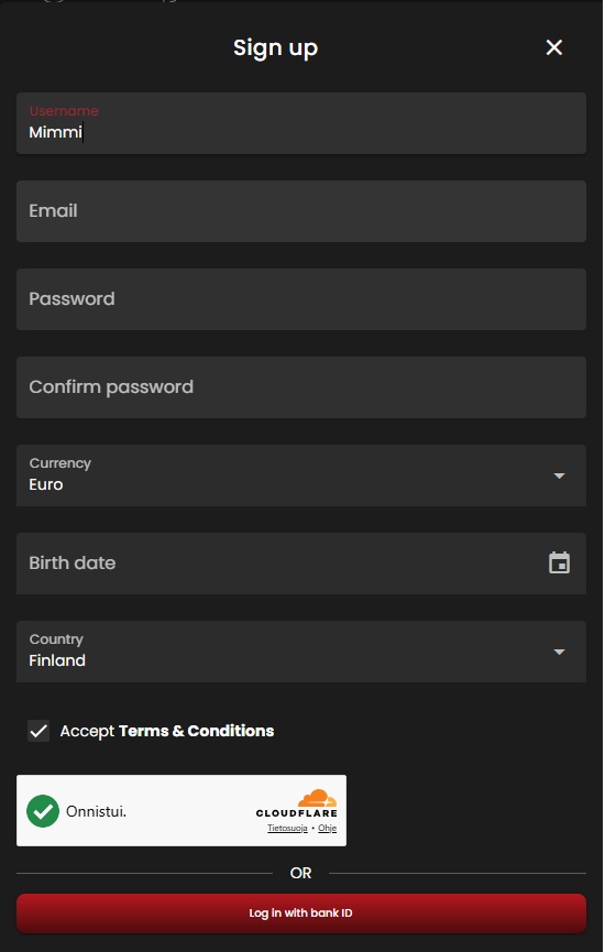 Casinostars rekisteröintilomake pyytää käyttäjänimeä, salasanaa, sähköpostiosoitetta ja syntymäaikaa. 