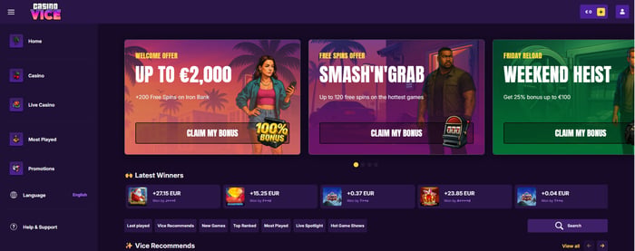 Casino Vice etusivu näyttää bonukset, viimeisimmät voittajat ja eri pelikategoriat yhdellä silmäyksellä.