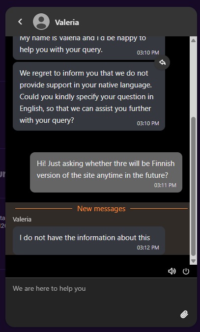 Casino Vicen live chat vastaa pelaajan kysymykseen sivuston suomenkielisestä versiosta.