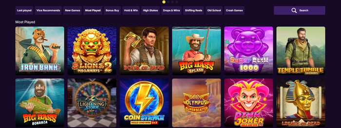 Casino Vice pelivalikoima näyttää pelatuimmat kolikkopelit, kasinon suositukset, ostobonukset, Hold & Win pelit, korkeiden panosten pelit ja Drops & Wins -turnauksiin sopivat slotit. 