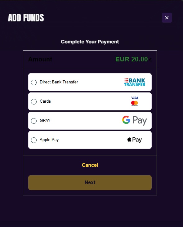 Casino Vice talletus tapahtuu pankkisiirrolla, Visalla, Mastercardilla, Google Paylla tai Apple Paylla.