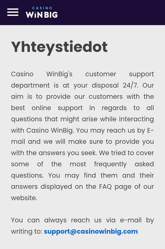Casino WinBigin asiakaspalvelu-välilehti, joka on englanninkielinen.