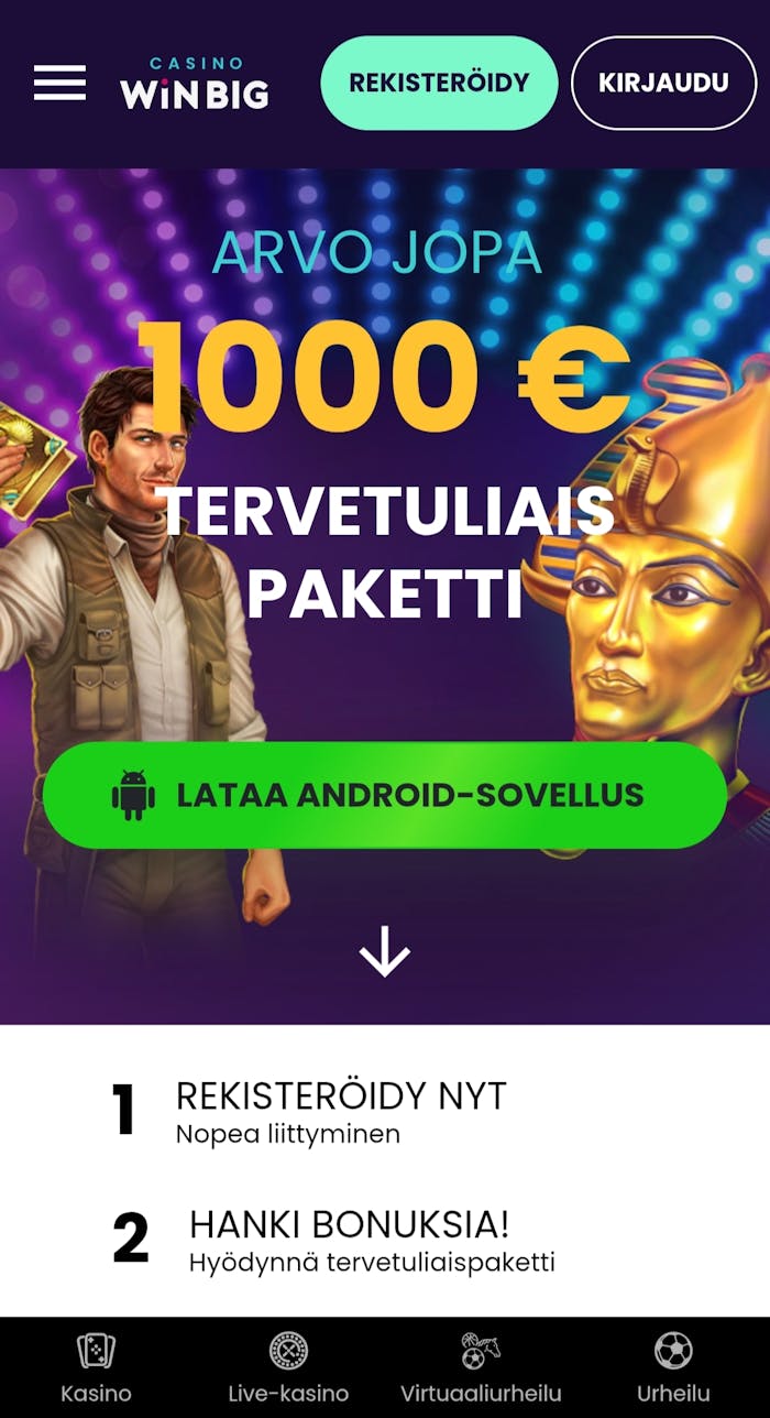 Casino WinBigin etusivu, jossa esitellään uuden pelaajan bonusta sekä kasinosovellusta.