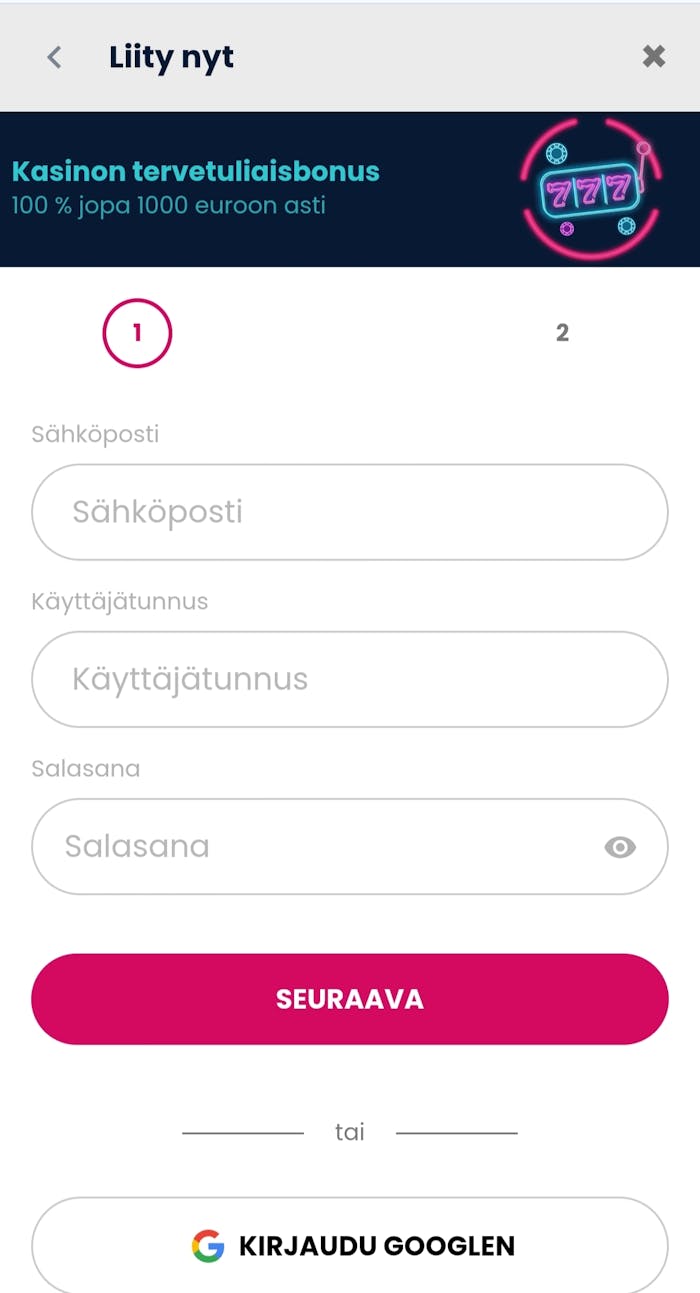 Casino WinBigin suomenkielinen rekisteröitymislomake.