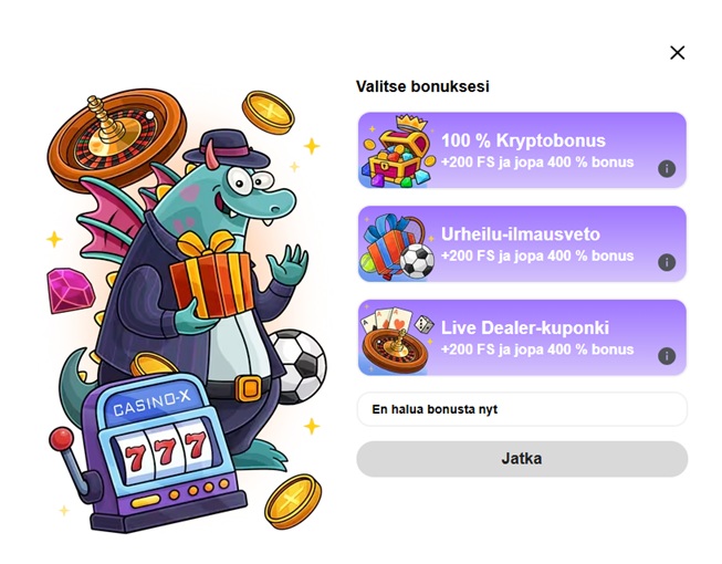 Casino-X bonusvalintaikkuna: piirretty lohikäärme lahjapaketti kädessä peliautomaatin vieressä ja listattuna 100 % kryptobonus, urheilu-ilmausveto sekä Live Dealer ‑kuponki, jokaisessa +200 ilmaiskierrosta ja jopa 400 % bonus.