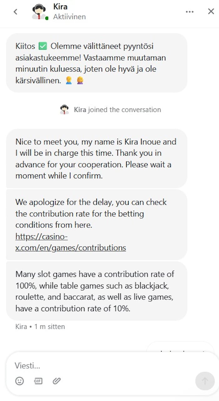 Casino X live chat asiakaspalvelijan vastaus kierrätysvaatimusta kerryttävistä peleistä.