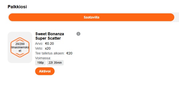 Casino-X palkkiosi-näkymä: saatavilla Sweet Bonanza Super Scatter -bonus 20/200 ilmaiskierroksella, kierroksen arvo €0,20, veto x20 ja minimitalletus €20, sekä oranssi Aktivoi-painike.