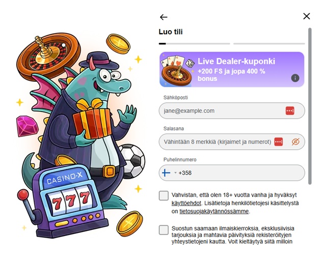 Casino-X rekisteröitymislomake: piirretty lohikäärme pitelee lahjapakettia peliautomaatin, rulettipyörän ja kolikoiden vieressä sekä Live Dealer ‑bonuskuponki, jossa +200 ilmaiskierrosta ja jopa 400 % bonus.