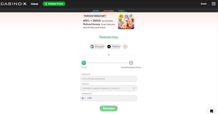 Casino X rekisteröityminen tapahtuu lomakkeella.