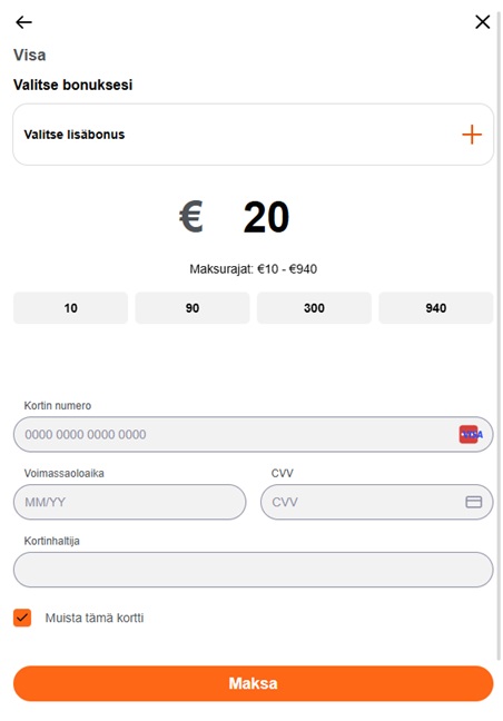 Casino-X Visa-talletusikkuna: summa €20, maksurajat €10–€940, valittavat talletussummat 10, 90, 300 ja 940 euroa sekä kortin numero-, voimassaoloaika-, CVV- ja kortinhaltijan kentät, alareunassa oranssi Maksa-painike.