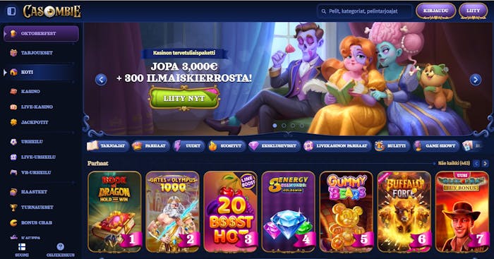 Casombie Casinon etusivulta käy ilmi, että teemaa tähdittävät zombiet. Tervetuliaispaketti jopa 3000€ + 300 FS.