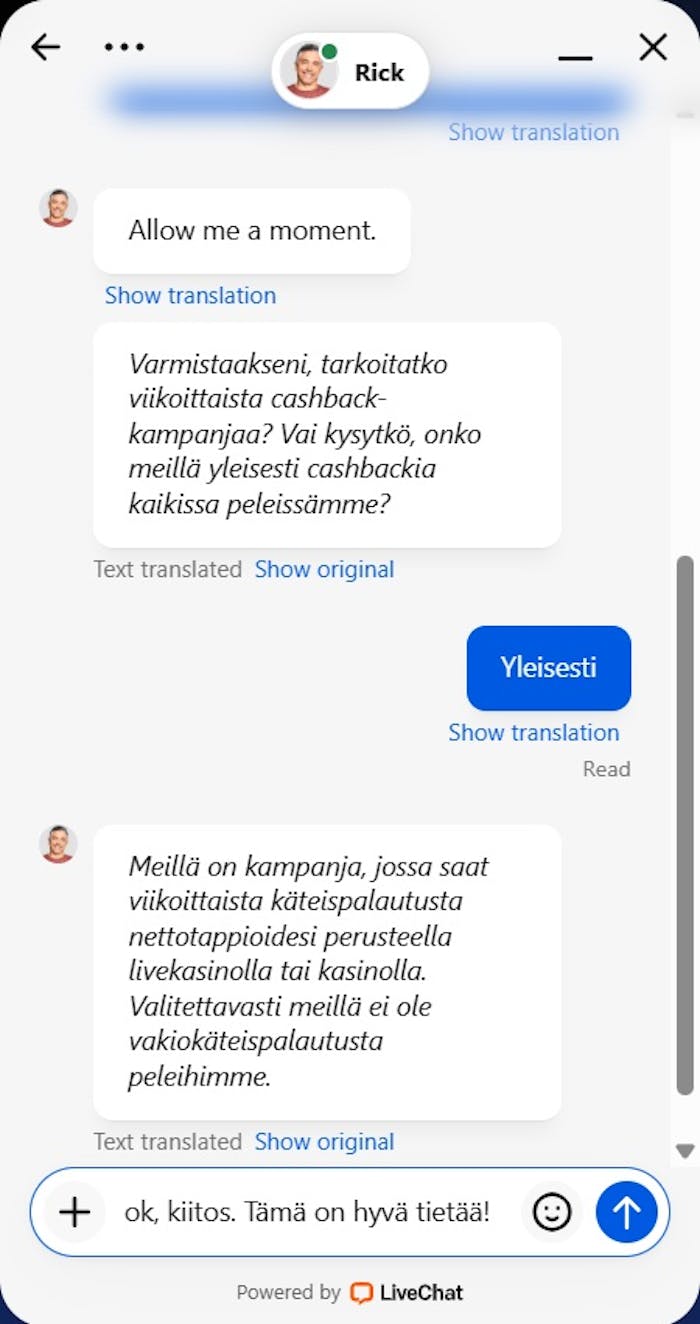 Casombie Casino liva chat keskustelu cashback-bonuksista.