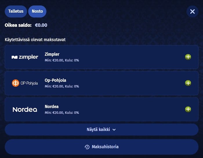 Casombie Casino talletus tapahtuu esimerkiksi Zimperill?, OP-Pohjolan tai Nordean verkkopankkitunnuksilla.