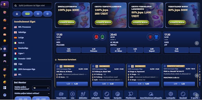 Casombie Casinolla lyöt vetoa suosituimmissa liigoissa, kuten Valioliiga, Liiga ja UEFA Eurooppa-liiga.