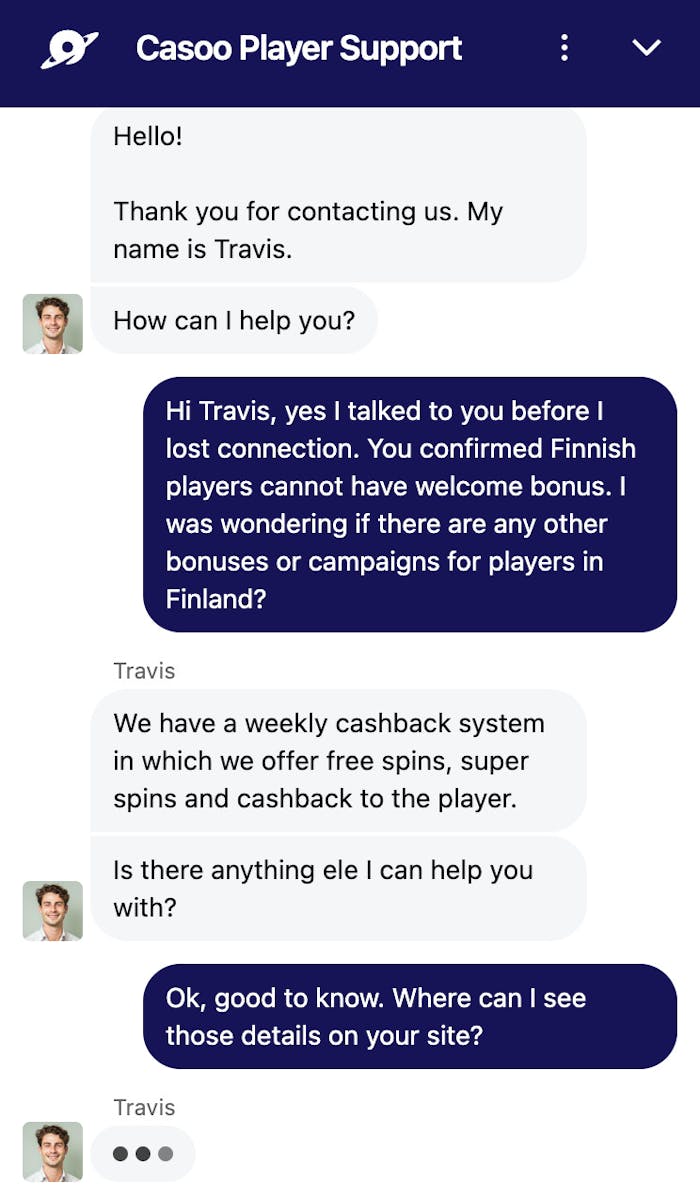 Casoo Casinon live-chat palvelee vain englanniksi