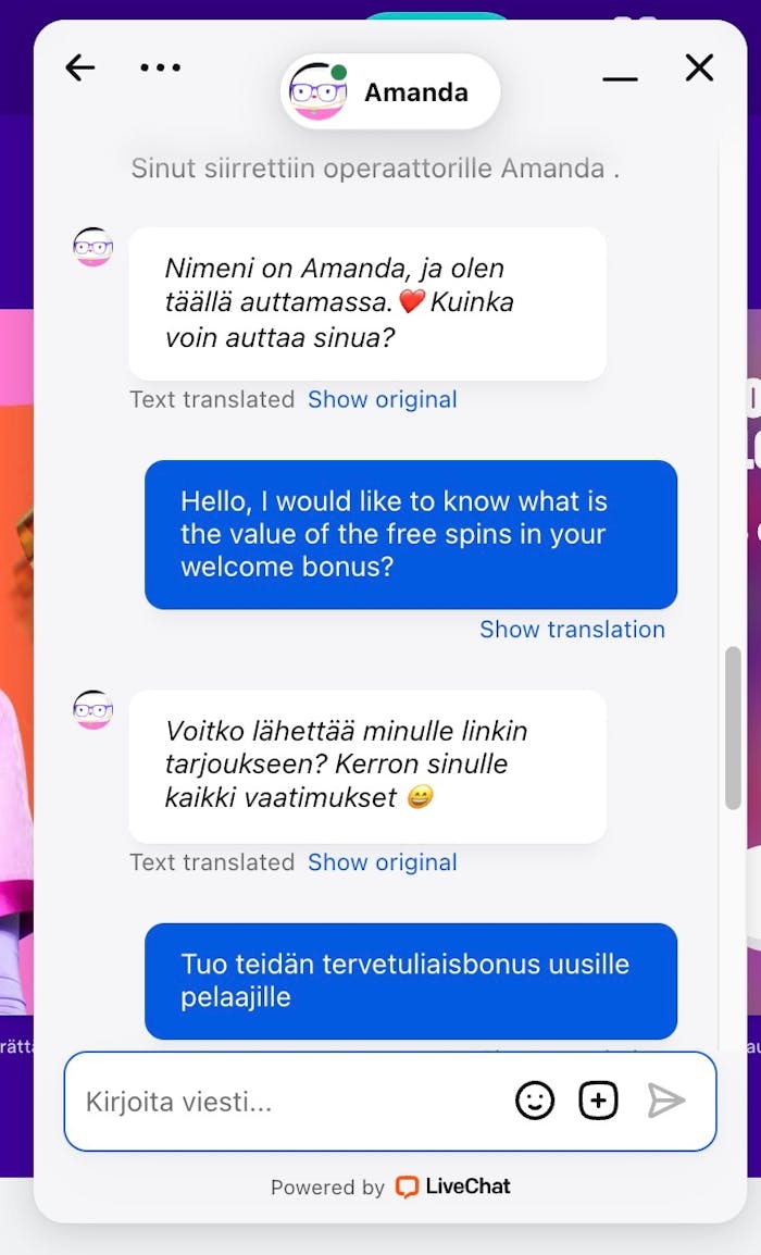 Keskustelu Casumon live-chatissa