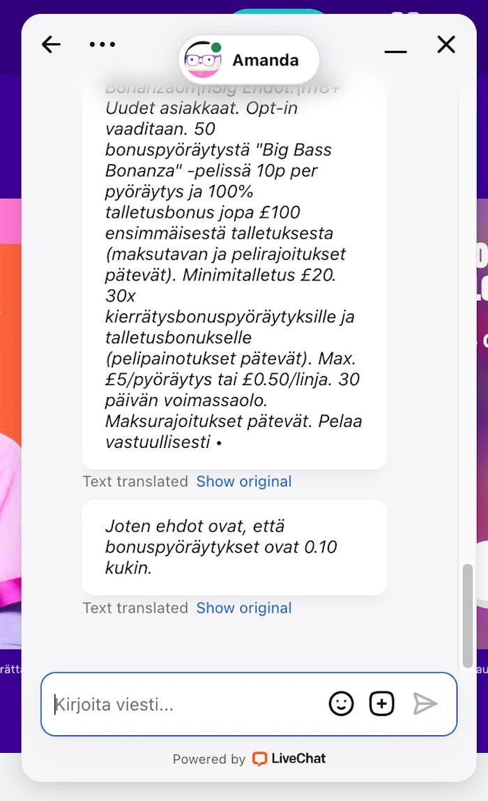 Asiakaspalvelijan vastaus Casumo live-chatissa