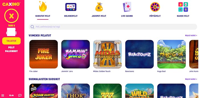 Caxino casinon etusivu ja viimeksi pelatut pelit