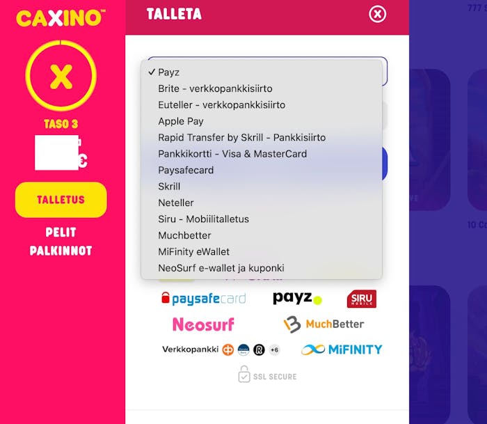 Kaikki Caxino casinon tarjoamat maksutavat ovat selkeästi esillä talletussivulla