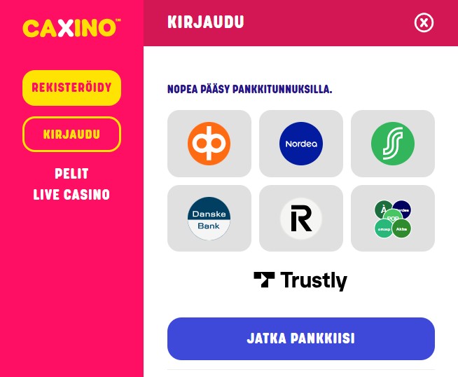 Pankkivaihtoehdot Caxxinolla pelitiliä avatessa.