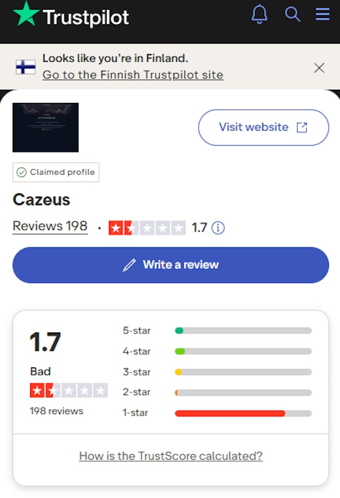 cazeus kasinon yhteenveto Trustpilot-arvosteluista.