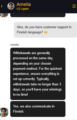 Chancer Casinon asiakaspalvelun chat jossa tiedustellaan englanniksi suomenkielisen palvelun saatavuudesta.