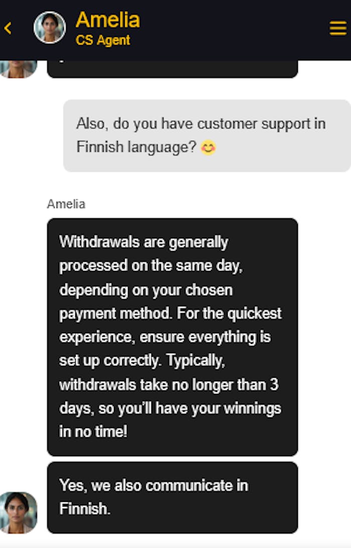 Chancer Casinon asiakaspalvelun chat jossa tiedustellaan englanniksi suomenkielisen palvelun saatavuudesta.