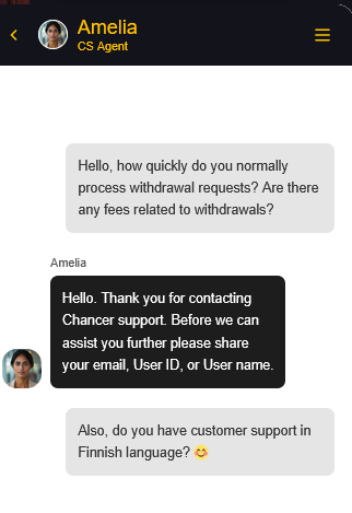 Chancer Casinon asiakaspalvelun chat jossa tiedustellaan englanniksi kotiutuspyyntöjen käsittelynopeudesta.