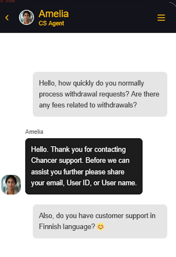 Chancer Casinon asiakaspalvelun chat jossa tiedustellaan englanniksi kotiutuspyyntöjen käsittelynopeudesta.