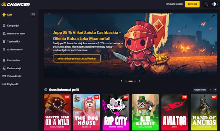 Chancer Casinon etusivu, jossa näkyy 25 % viikoittainen cashback-tarjous.