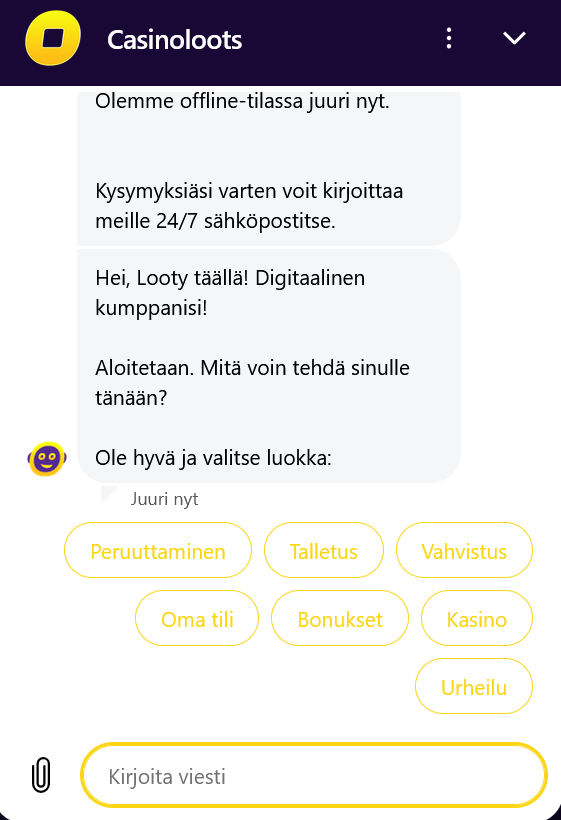 Casinoloots asiakaspalvelija botti vastaa suomeksi