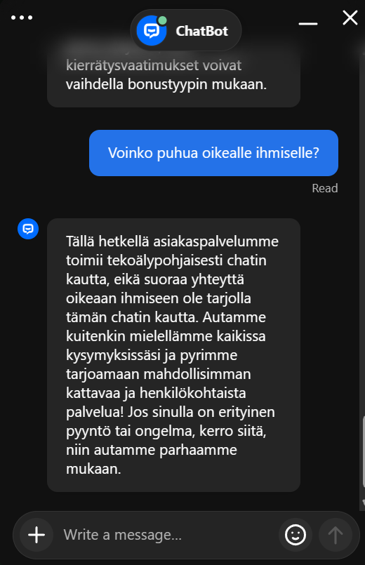 Goldzinon chat kertoi avoimesti toimivansa tekoälyn kautta.