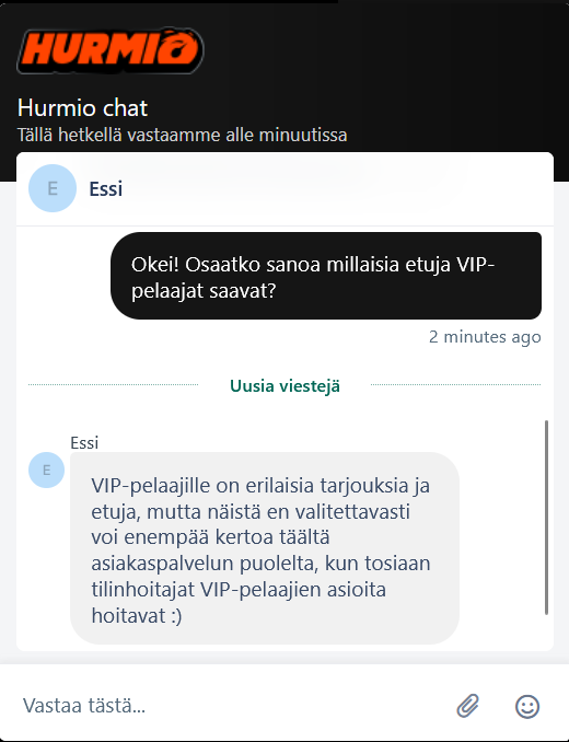 Hurmion chatissa kysymyksiin vastasi suomalainen asiakasneuvoja.