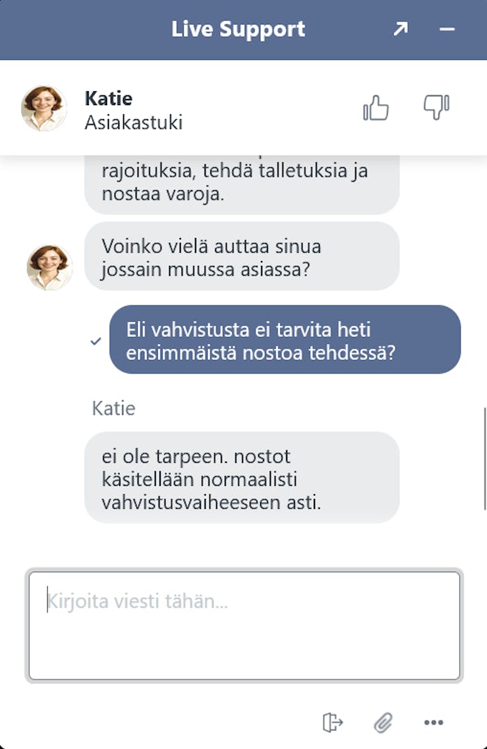 Katie vastaa suomeksi Mafia Casinon asiakaspalvelussa
