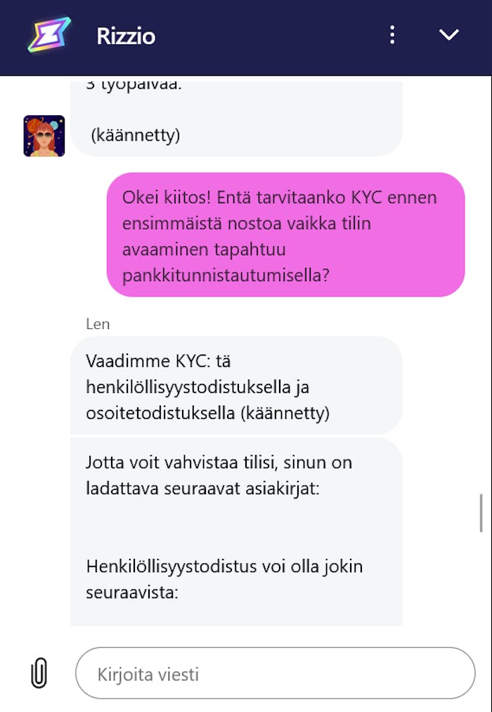 Rizzion asiakasneuvonta on tarjolla suomeksi.