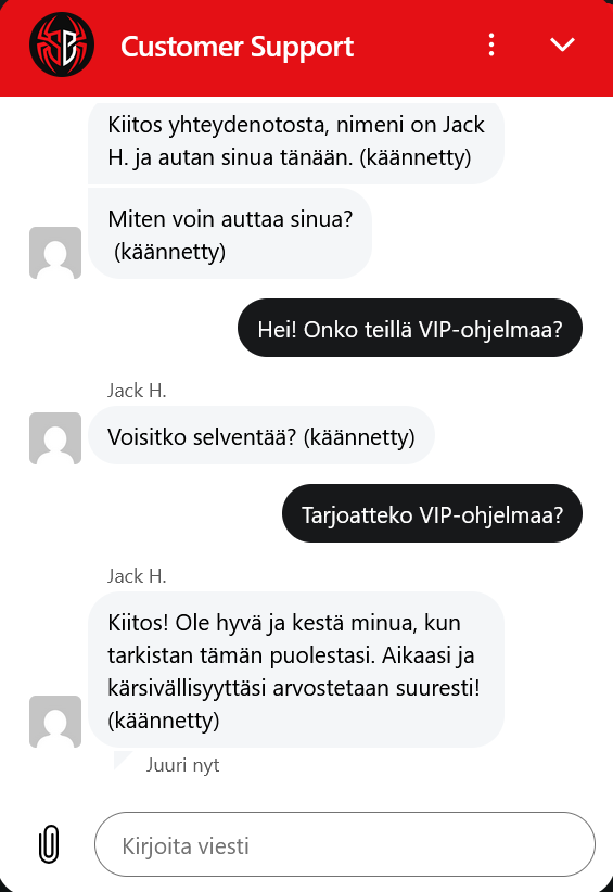 SpiderBetsin chat ei tällä kertaa onnistunut.
