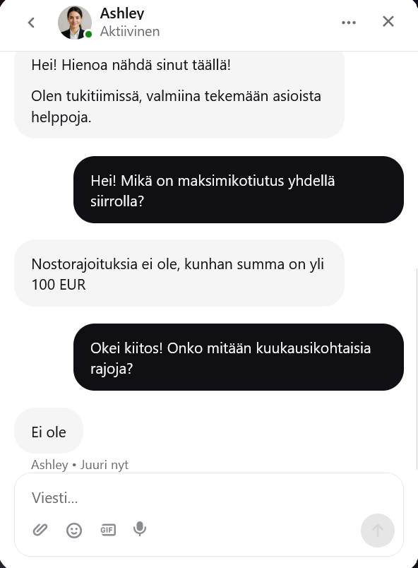 Sunnybetin livechat vastaa selvällä suomen kielellä.