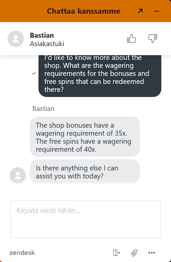 Vega Zonen live chat palveli asiantuntevasti.