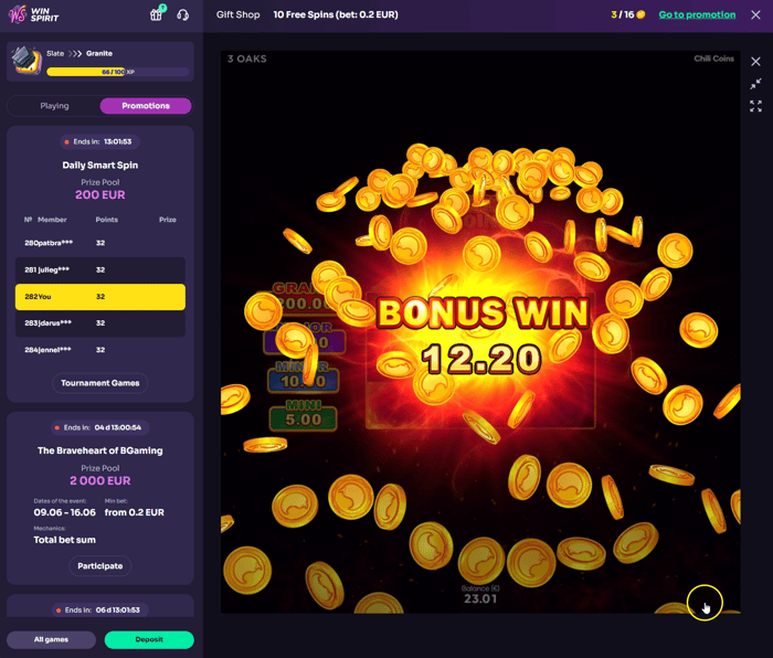 WinSpirit Casino Chilli Coins -pelin bonusvoitto 12,20 €, saldo 23,01 €.