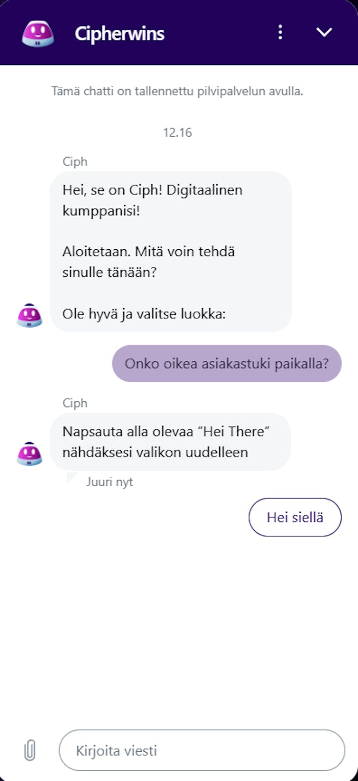 Cipherwins Casinon live-chat, jossa vastauksia tarjoaa chatrobotti.