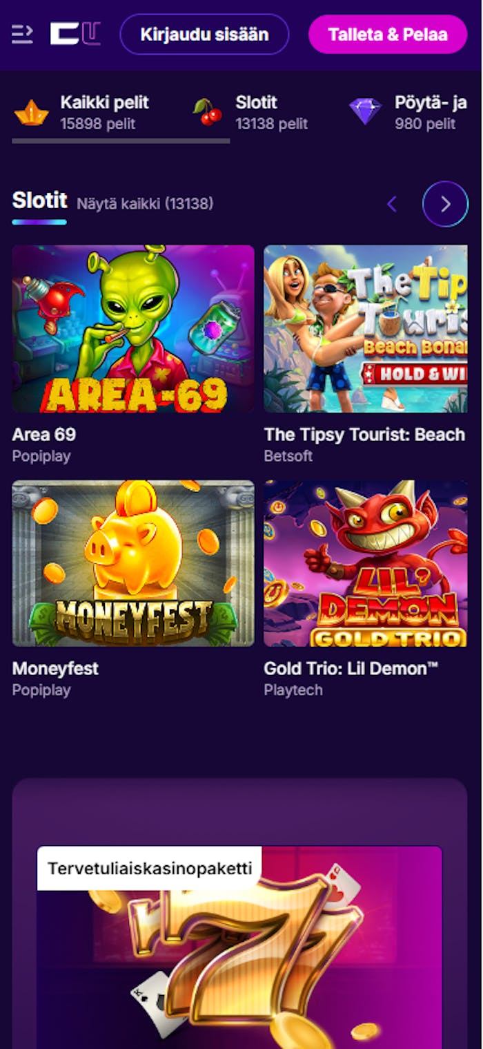 Cipherwins Casinon peliaula, jossa n?kyy suosituimpia slotteja sek? pieni mainos tervetuliaisbonuksesta.