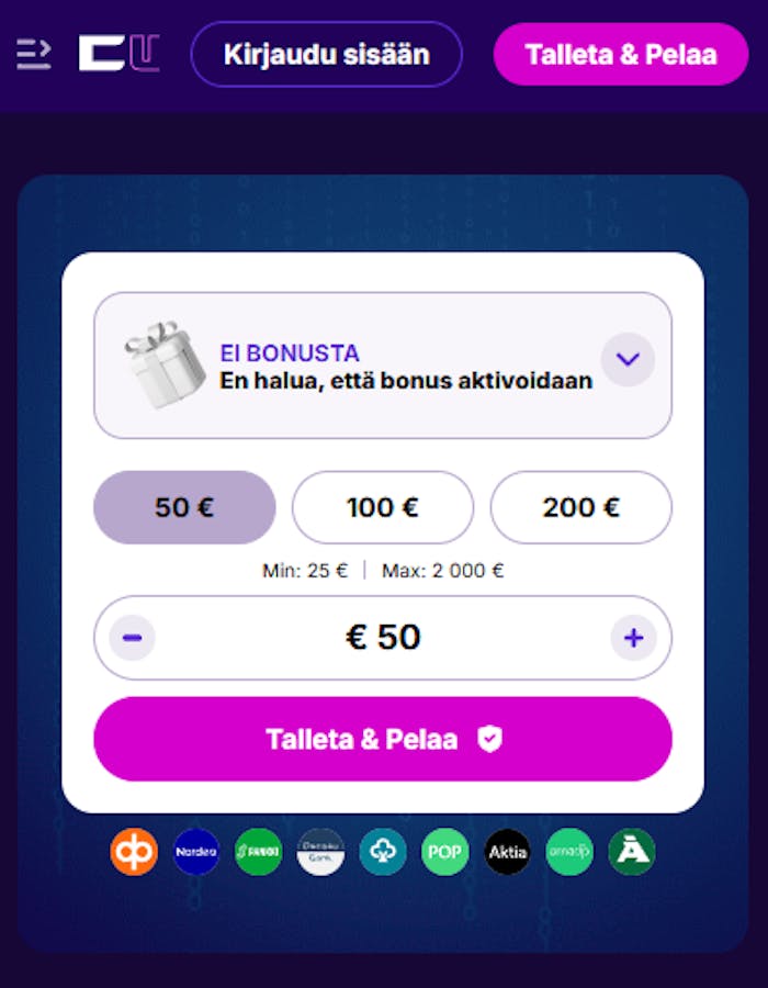 Cipherwins Casinon etusivu, jossa n?kyy mahdollisuus pikatalletuksen tekemiseen ja suomalaisten pankkien logoja.
