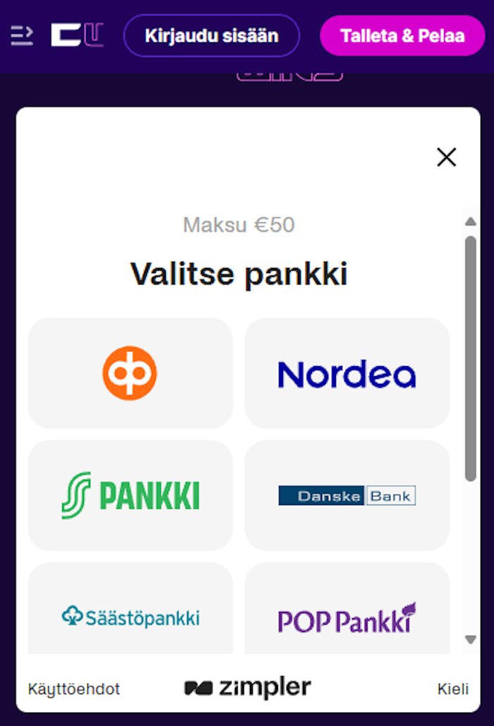 Cipherwins Casinolle talletus Zimplerin kautta ja muutama suomalainen verkkopankki listattuna.