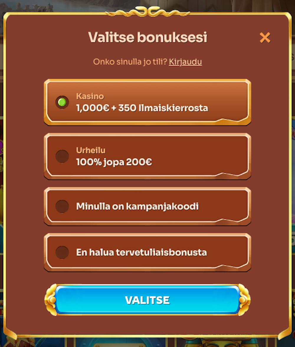 Pelaaja voi valita bonuksen pelaamisen alkuun
