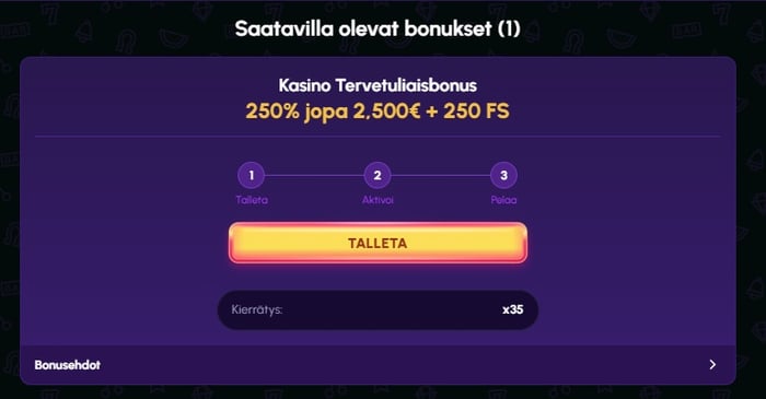 NovaJackpot-kasinon Saatavilla olevat bonukset -näkymä, jossa näkyy Kasino Tervetuliaisbonus 250% jopa 2 500 € + 250 FS sekä x35-kierrätysvaatimus.