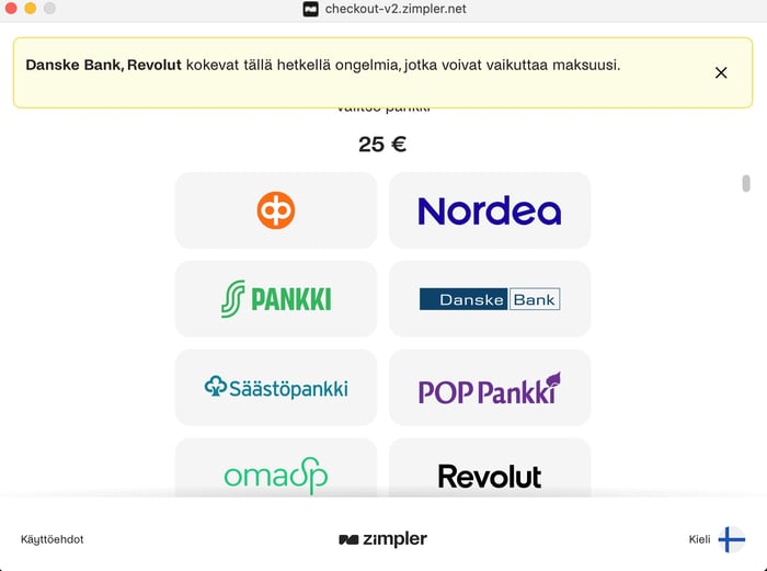 Testin aikana Zimpler ei toiminut Revolutin tai Danske Bankin käyttäjillä.